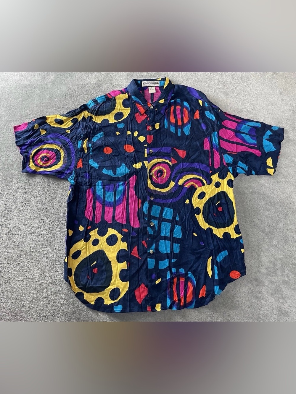 Vintage Shirt Multicolor Abstract Rayon Union Bay Mens Size Large Short Sleeve